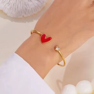 Stainless Steel Love RED Heart Shape Open Bracelet For Women